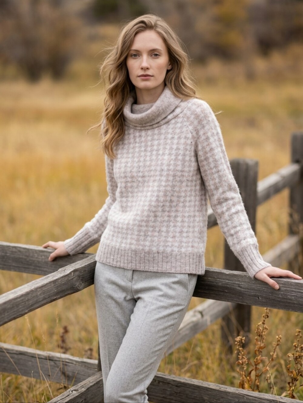 RD Style Soft Houndstooth Cowl-Neck Sweater in Taupe